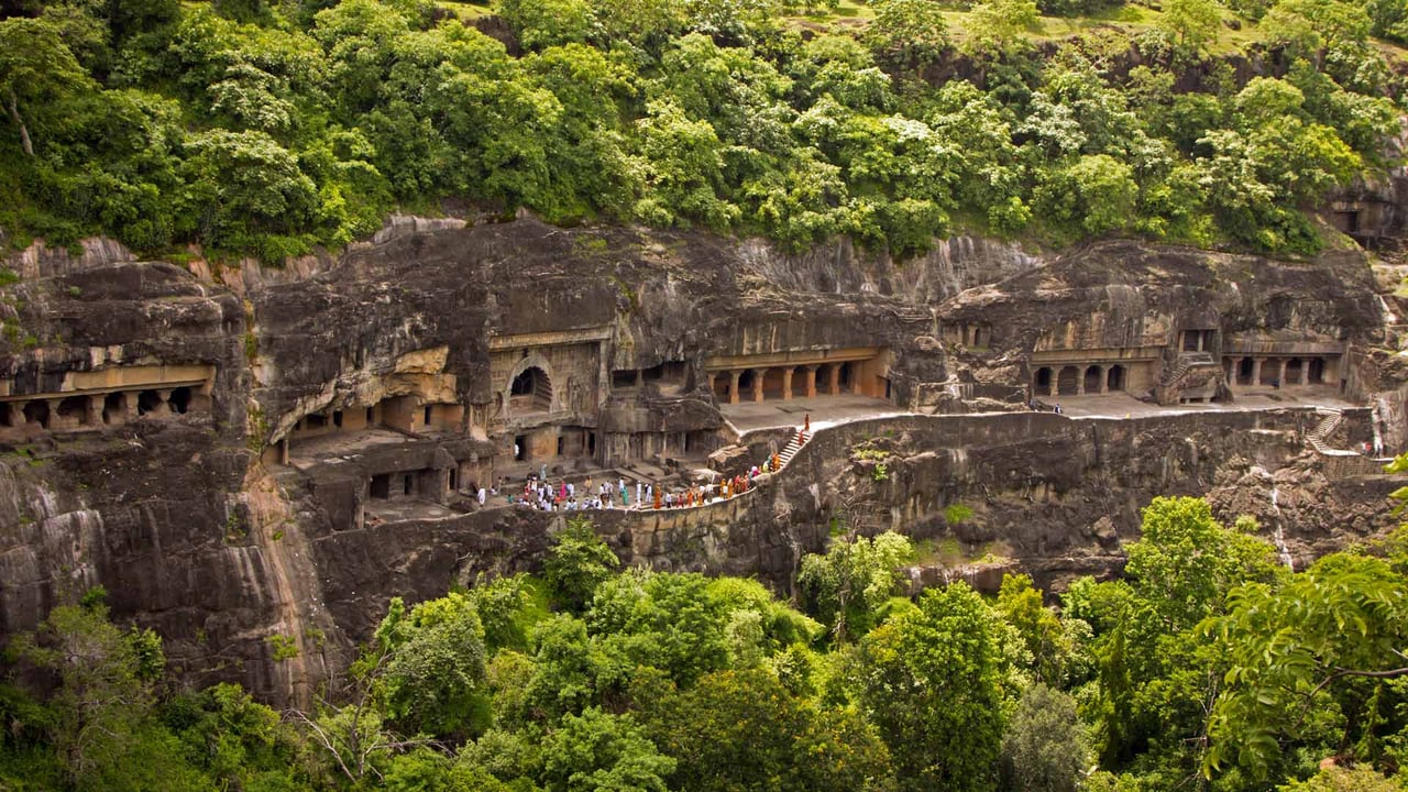 Aerial view of Ajanta Caves, Maharashtra (© www.victoriawlaka.com/Getty Images Plus) desktop wallpaper