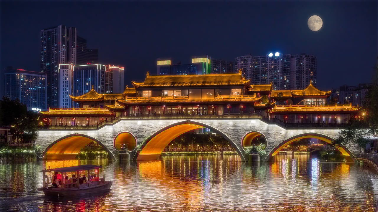 Anshun Bridge illuminated for the Mid-Autumn Festival, Chengdu, China (© Philippe LEJEANVRE/Getty Images) desktop wallpaper
