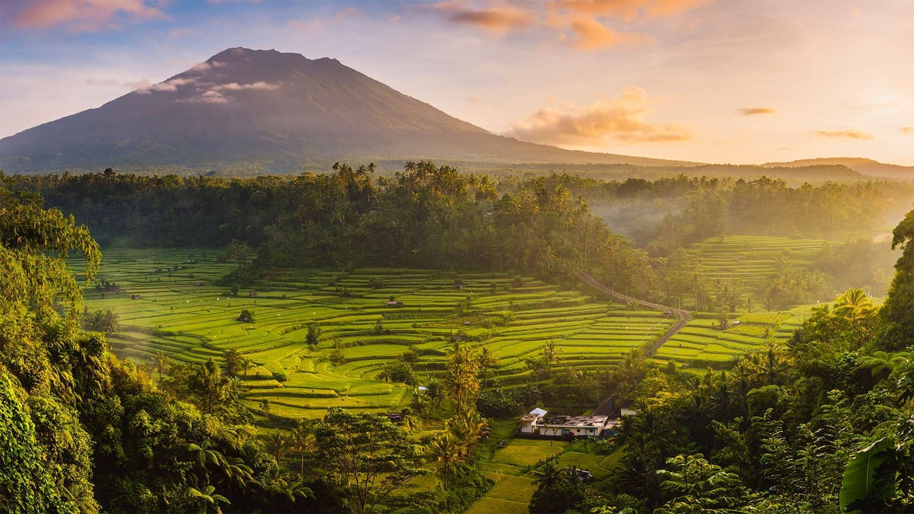 Rice fields in the Sidemen Valley, with Mount Agung in the background, Bali, Indonesia (© Jon Arnold/Danita Delimont) desktop wallpaper