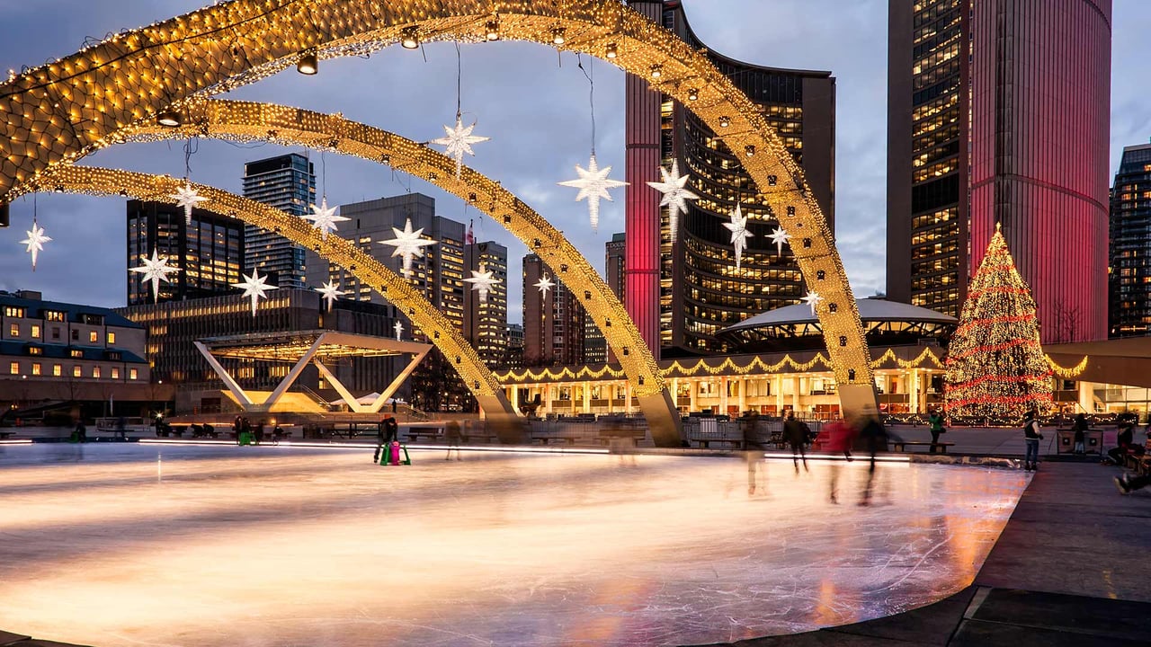 Christmas Lights and Christmas tree at Nathan Phillips square, Toronto (© Bert Hoferichter/AgeFotostock) desktop wallpaper