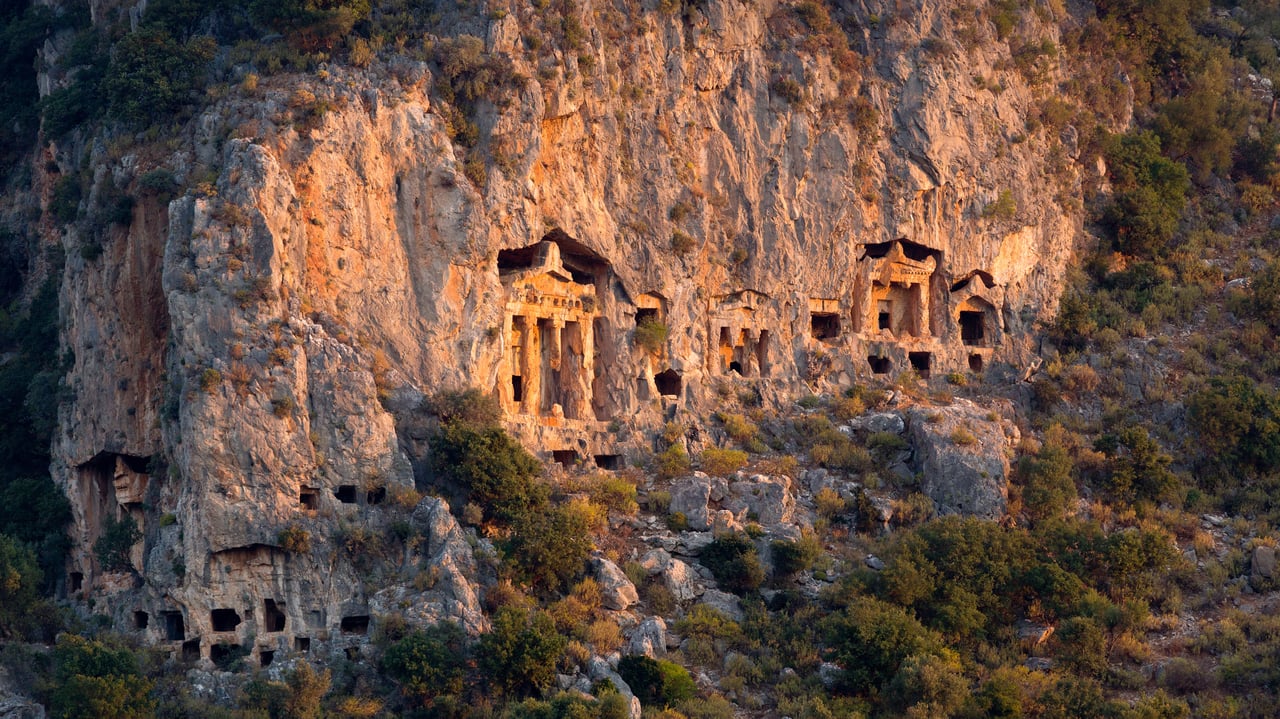 Ancient rock tombs carved into the cliff near Dalyan, Turkey (© Reinhard Schmid/eStock Photo) desktop wallpaper