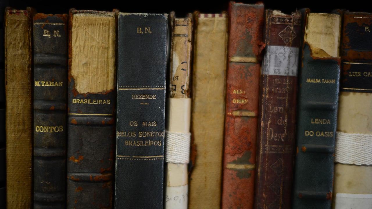 Vista de livros antigos na Biblioteca Nacional Brasileira no Rio de Janeiro (© CHRISTOPHE SIMON/AFP via Getty Images) desktop wallpaper