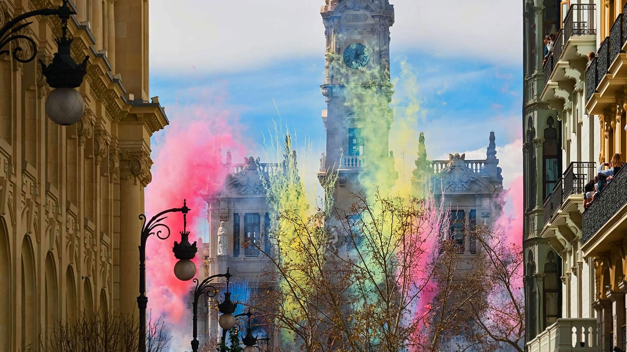 Fireworks at the Plaza del Ayuntamiento for Las Fallas festival in Valencia, Spain (© Helena G.H/Shutterstock) desktop wallpaper