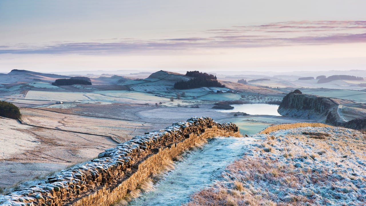 Frosty morning at Hadrian's Wall on Winshields Crags, looking towards Crag Lough in Northumberland (© Nigel Eve/Shutterstock) desktop wallpaper