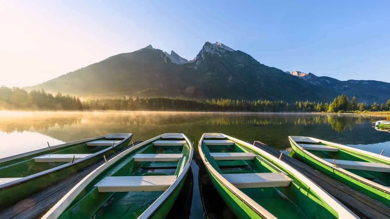 Row of boats at Hintersee lake, Bavaria, Germany (© Achim Thomae/Getty Images) desktop wallpaper