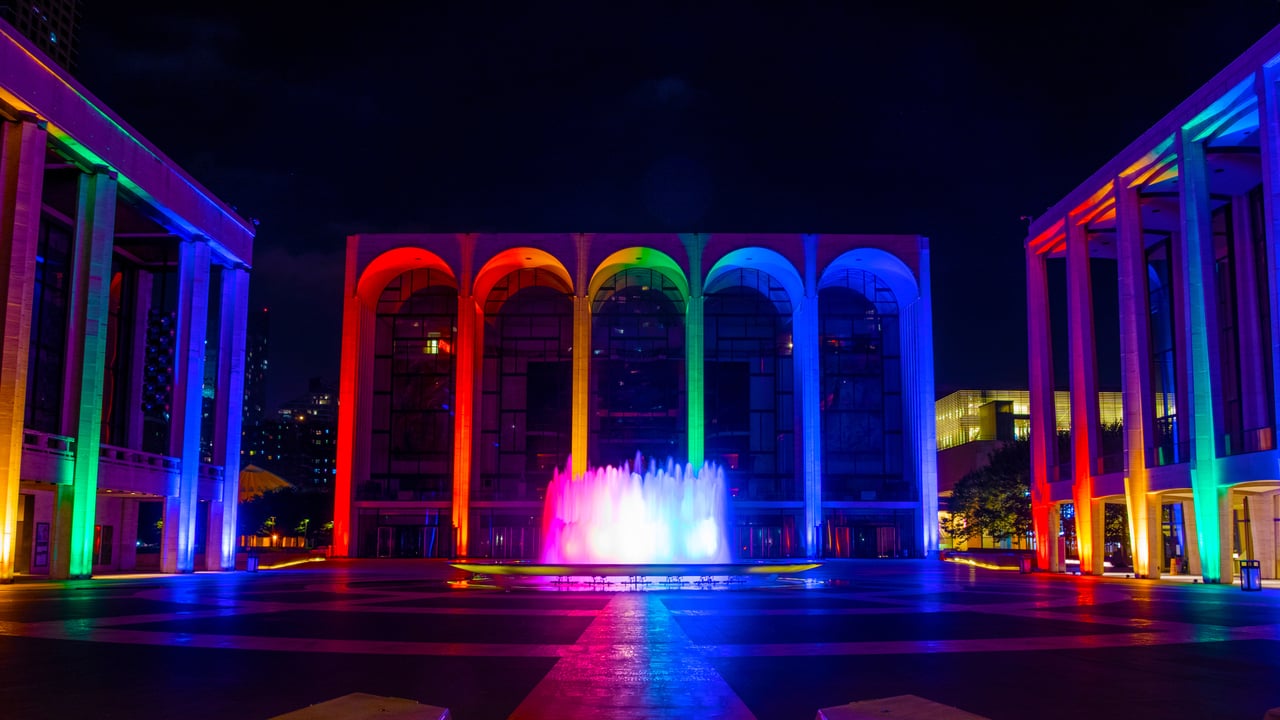 Lincoln Center for the Performing Arts lit in Pride colors on June 18, 2020 in New York City (© Alexi Rosenfeld/Getty Images) desktop wallpaper