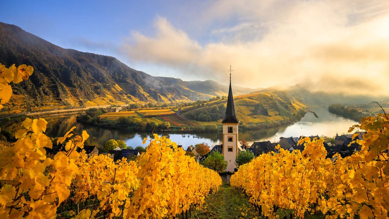 Kirchturm von Bremm an der Moselschleife, Rheinland-Pfalz (© Jan Wehnert/Shutterstock) desktop wallpaper