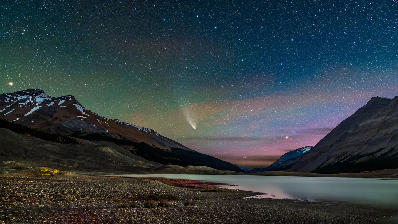 Comet NEOWISE streaks across the sky over Sunwapta Lake in Jasper National Park, Alberta, Canada (© Stocktrek Images, Inc./Alamy) desktop wallpaper