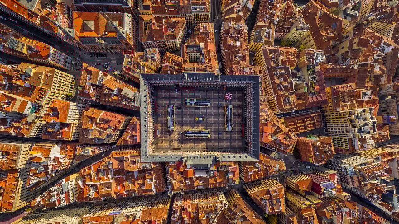 Aerial view of Plaza Mayor, Madrid, Spain (© AirPano LLC/Amazing Aerial Agency) desktop wallpaper