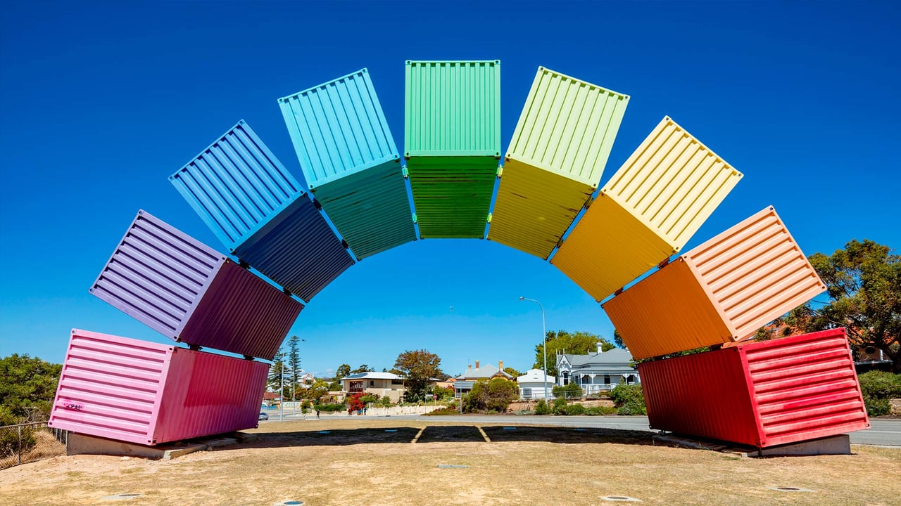 Wide angle view of rainbow-coloured shipping containers in Fremantle, Australia (© Michael R Evans/Shutterstock) desktop wallpaper