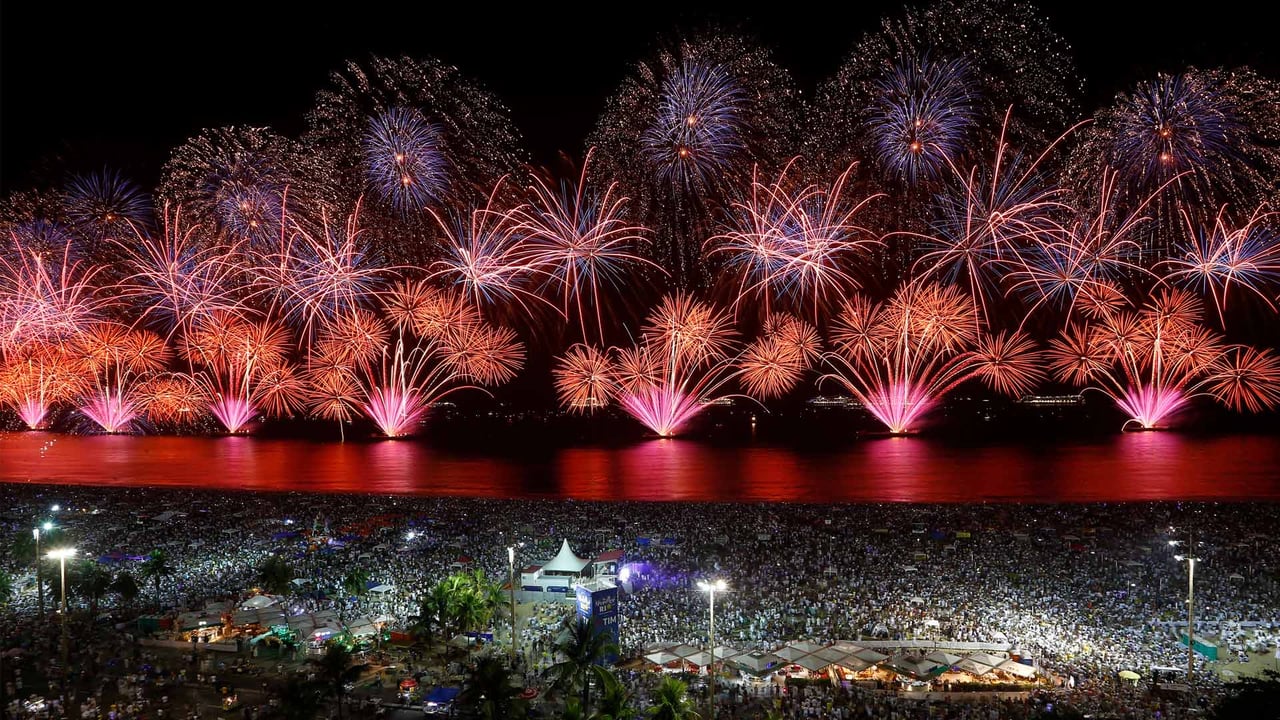 New Year's Eve fireworks over Copacabana Beach, Rio de Janeiro, Brazil (© Wagner Meier/Getty Images) desktop wallpaper