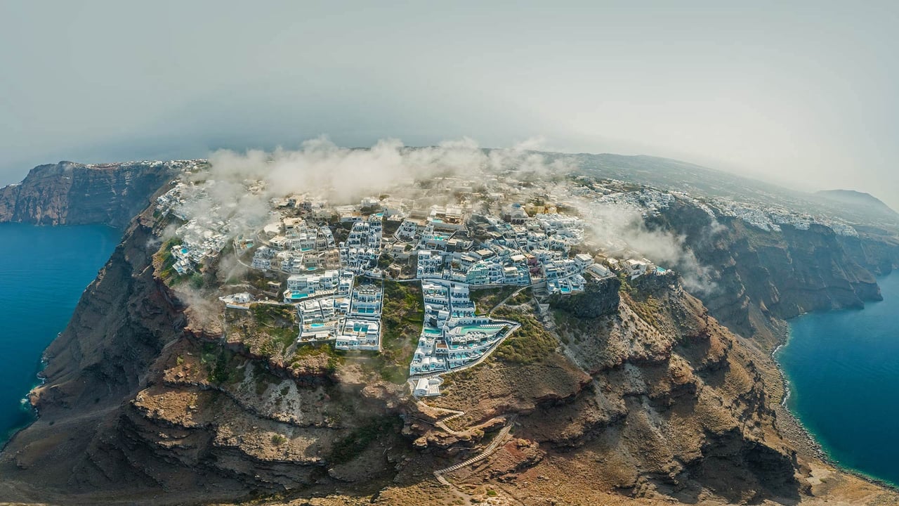 Aerial view of Santorini, Greece (© Amazing Aerial Agency/Offset) desktop wallpaper
