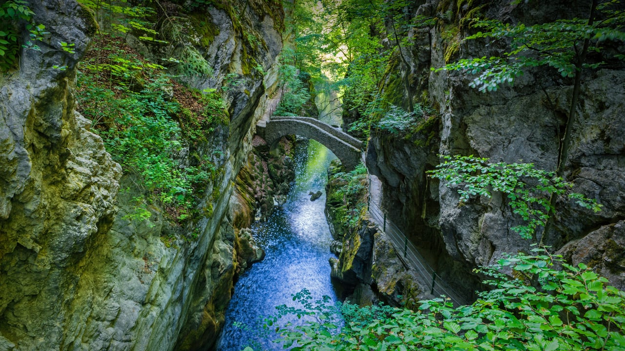 Saut du Brot stone bridge in the Areuse Gorge, Neuchâtel, Switzerland (© Andreas Gerth/eStock Photo) desktop wallpaper