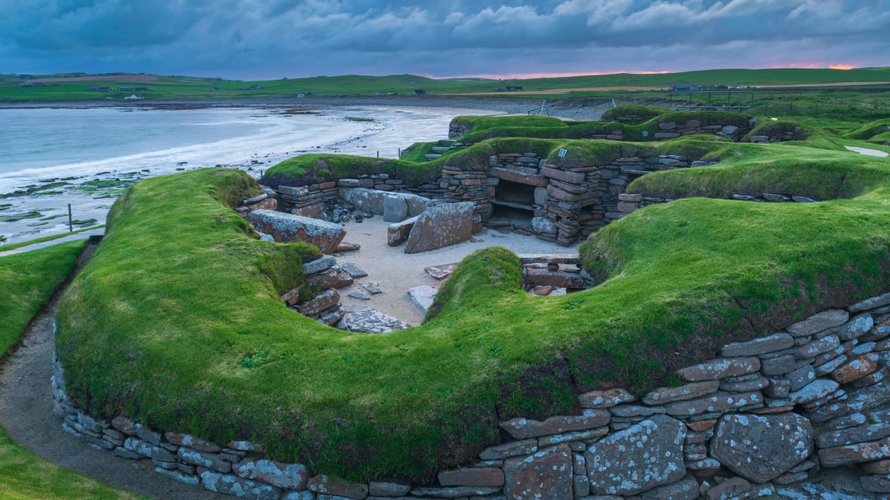 Stormy sky over Skara Brae, a Neolithic village on the Mainland, Orkney (© Robert Harding World Imagery/Offset) desktop wallpaper