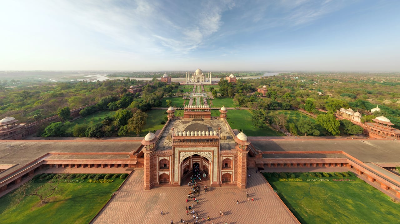 Aerial view of Taj Mahal in Agra, India (© Amazing Aerial Agency/Offset by shutterstock) desktop wallpaper