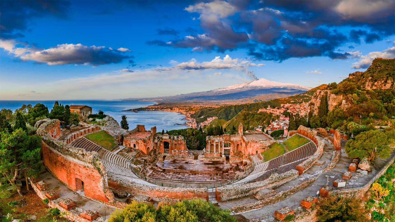 Ancient theater of Taormina in Sicily, Italy (© Antonino Bartuccio/eStock Photo) desktop wallpaper