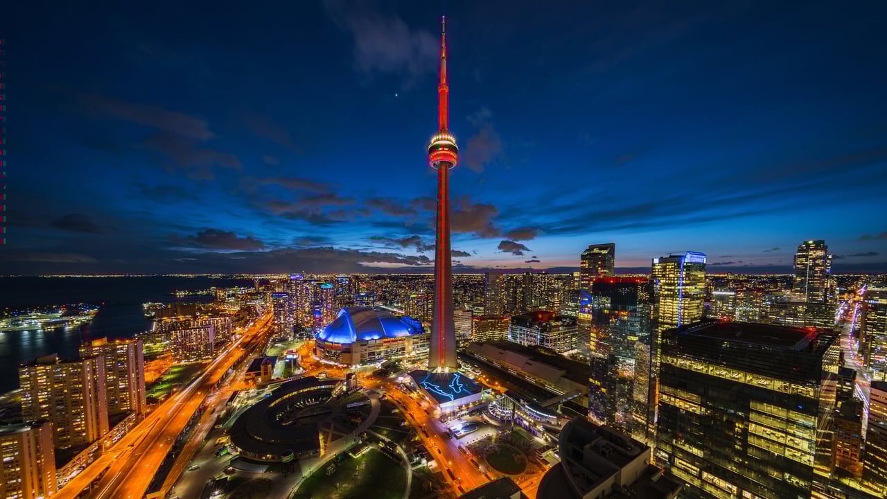 CN Tower illuminated at night in Toronto, Ontario (© R.M. Nunes/Shutterstock) desktop wallpaper
