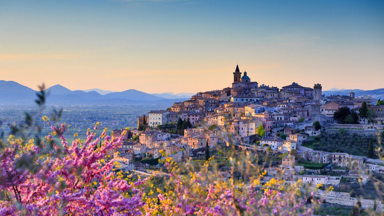 Almond blossoms overlooking Trevi, Umbria, Italy (© Maurizio Rellini/eStock Photo) desktop wallpaper