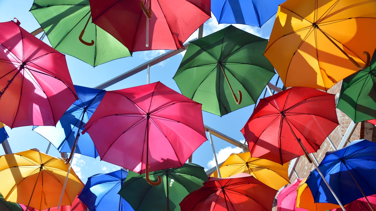 Art installation of umbrellas at Borough Market in London, England (© Malcolm P Chapman/Getty Images) desktop wallpaper