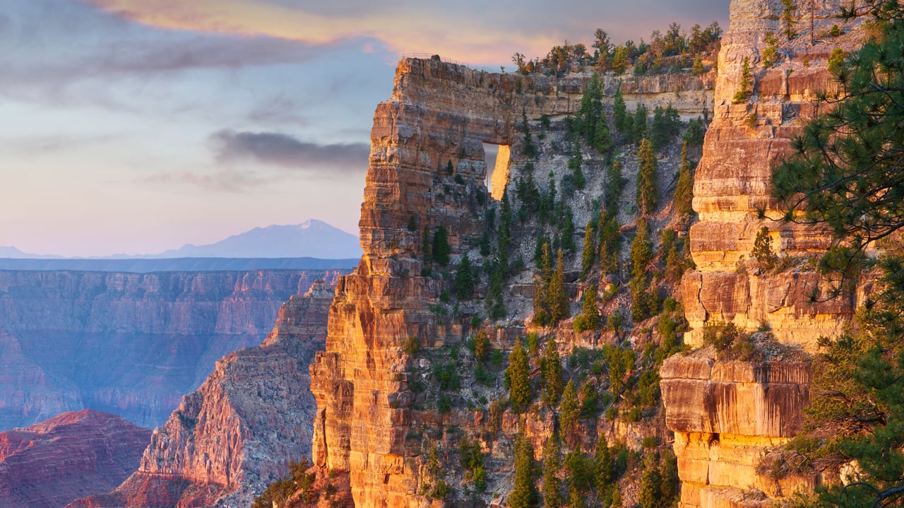 Peekaboo view of Angels Window on the North Rim of the Grand Canyon, Arizona (© Tim Fitzharris/Minden Pictures) desktop wallpaper