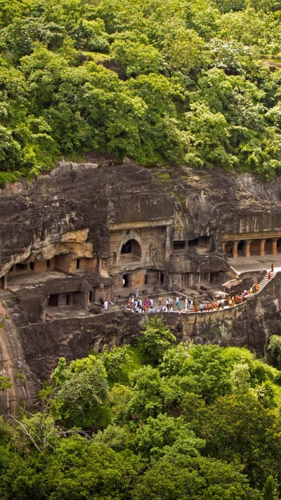 Aerial view of Ajanta Caves, Maharashtra (© www.victoriawlaka.com/Getty Images Plus) mobile wallpaper