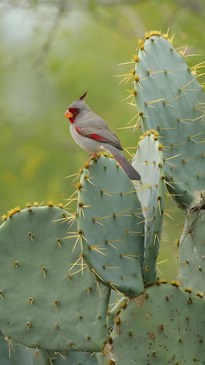 Female pyrrhuloxia perched on cactus plant, Texas (© outtakes/Getty Images) mobile wallpaper