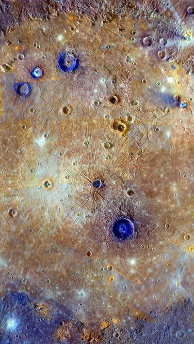 Enhanced-color composite of the Caloris Basin, Mercury (© NASA/Johns Hopkins University Applied Physics Laboratory/Carnegie Institution of Washington) mobile wallpaper