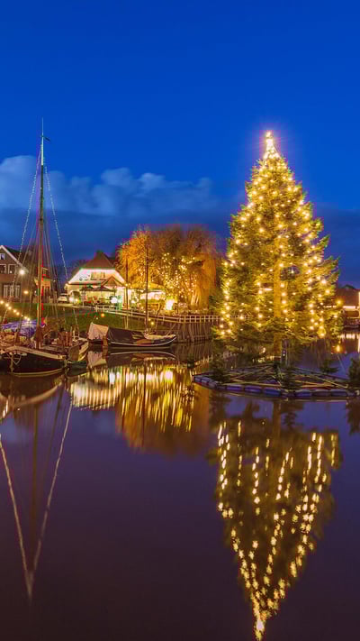 Schwimmender Weihnachtsbaum im Museumshafen Carolinensiel, Niedersachsen (© Manfred Habel/mauritius images GmbH/Alamy Stock Photo) mobile wallpaper