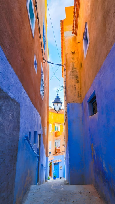 Blue walls of Chefchaouen, Morocco (© Tatsuya Ohinata/Getty Images) mobile wallpaper