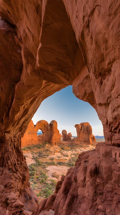 Double Arch seen through Cove Arch, Arches National Park, Utah (© Jeff Foott/Minden Pictures) mobile wallpaper