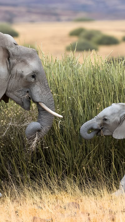 Elefante africano de sabana con su cría alimentándose de hierba, Namibia (© Christophe Courteau/Minden Pictures) mobile wallpaper