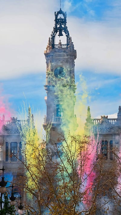 Fireworks at the Plaza del Ayuntamiento for Las Fallas festival in Valencia, Spain (© Helena G.H/Shutterstock) mobile wallpaper
