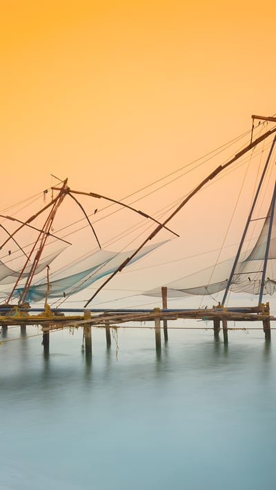 Traditional chinese fishing nets in Kochi, India at sunrise. (© mammuth/Getty images) mobile wallpaper