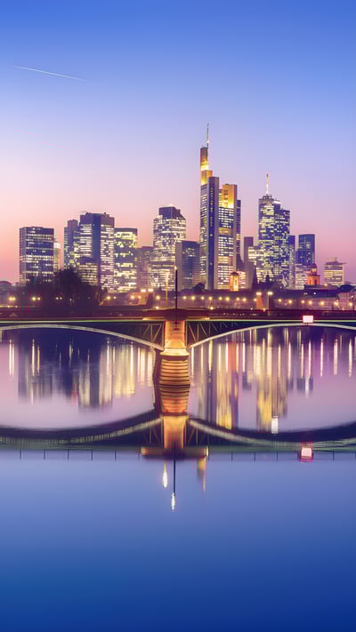 Frankfurter Skyline im violetten Licht und Alte Brücke, Frankfurt am Main, Hessen (© diegograndi/iStock/Getty Images Plus) mobile wallpaper