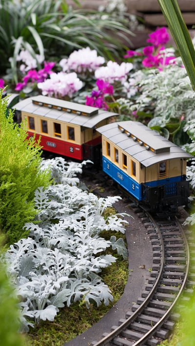 Train surrounded by Christmas flowers at Allan Gardens Conservatory, Toronto (© bruno135_406/Adobe Stock) mobile wallpaper