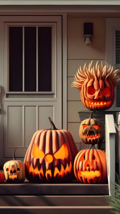 Halloween jack-o'-lanterns on a porch (© Bing Image Creator) mobile wallpaper