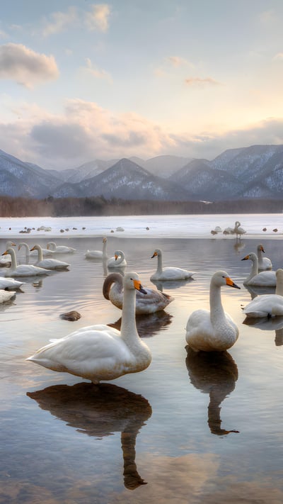 Whooper swans in Lake Kussharo, Japan (© Darrell Gulin/DanitaDelimont.com) mobile wallpaper