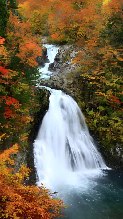 紅葉に包まれた法体の滝, 秋田県 由利本荘市 (© nattya3714/Getty Images) mobile wallpaper