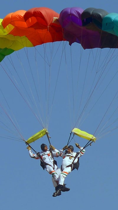 Akash Ganga, the 14-member skydiving team of the Indian Air Force in action (© Shaukat Ahmed/Pacific Press/Alamy Live News) mobile wallpaper