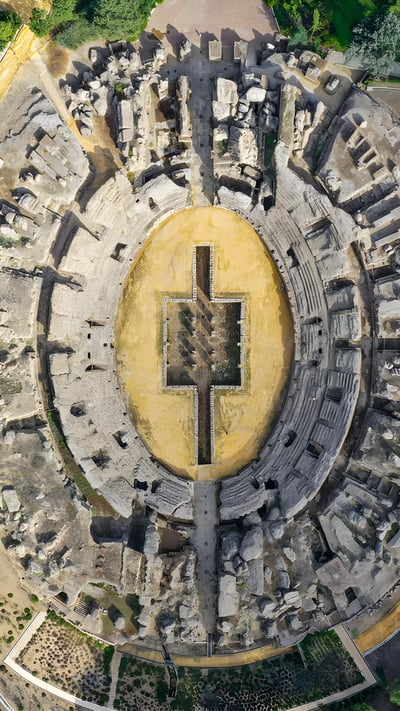 The Roman amphitheater of Italica, near Seville, Spain (© Moses Palermo/Amazing Aerial Agency) mobile wallpaper
