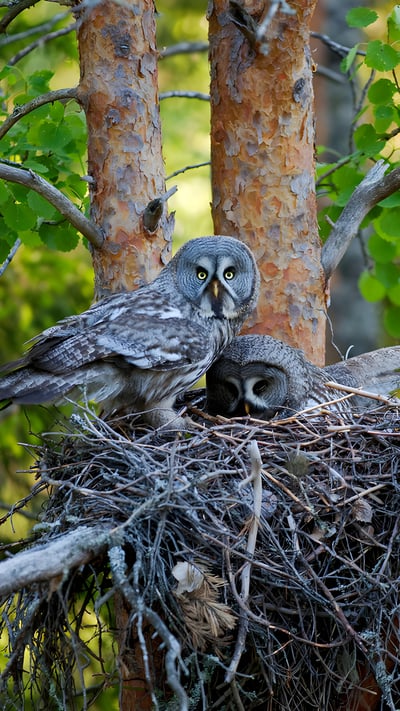 Great gray owls in their nest, Finland (© imageBROKER.com/Alamy) mobile wallpaper