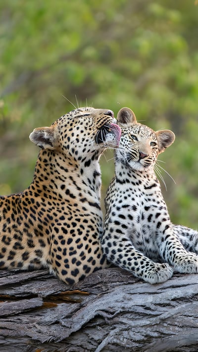 Leopard mother grooming her cub, Jao Reserve, Botswana (© Suzi Eszterhas/Minden Pictures) mobile wallpaper