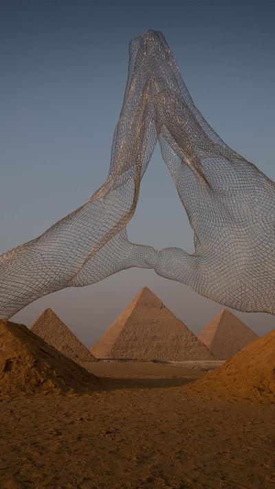 'Together' sculpture by Lorenzo Quinn, Great Pyramids of Giza, Cairo, Egypt (© Sima Diab/Getty Images) mobile wallpaper