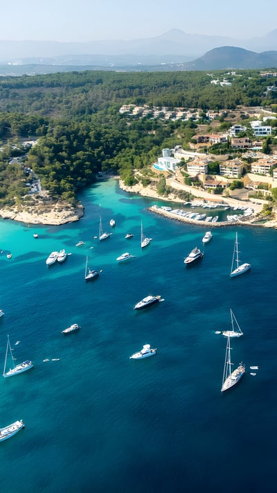 Vista aérea de villas y yates cerca de Portals Vells, Palma de Mallorca, Mallorca, España (© Westend61/Getty Images) mobile wallpaper