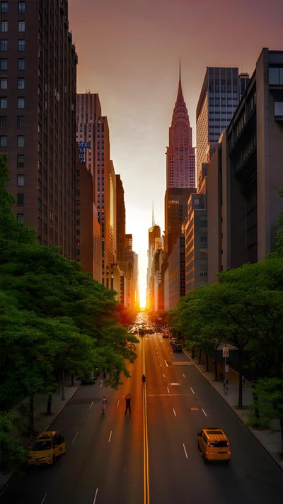42nd Street with the Chrysler Building during Manhattanhenge in 2018, New York City (© Dennis Fischer Photography/Getty Images) mobile wallpaper