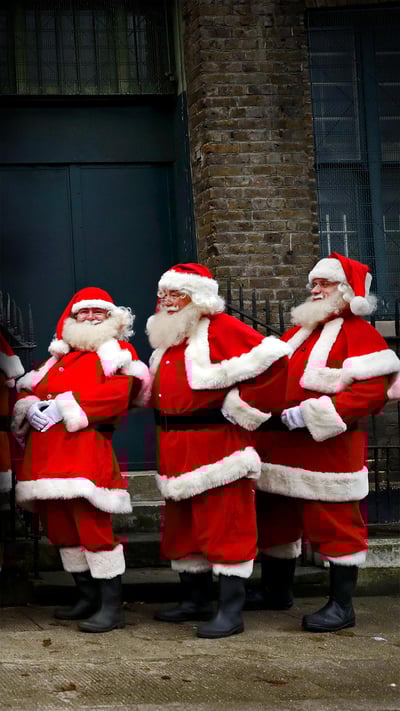 Acteurs habillés en père Noël devant le ministère du fun du père Noël, Londres, Angleterre (© Matt Dunham/AP Photo) mobile wallpaper