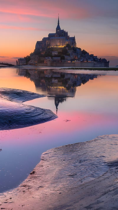 Abbaye du Mont Saint-Michel au crépuscule, Manche, Normandie (© Ilhan Eroglu/500px/Getty Images) mobile wallpaper