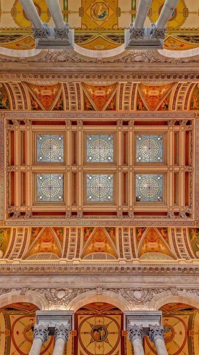 Ceiling and cove of the Great Hall at the Library of Congress in Washington, DC (© Susan Candelario/Alamy) mobile wallpaper