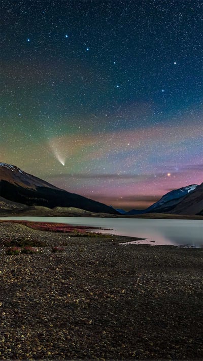 Comet NEOWISE streaks across the sky over Sunwapta Lake in Jasper National Park, Alberta, Canada (© Stocktrek Images, Inc./Alamy) mobile wallpaper