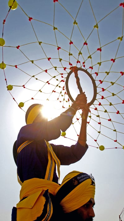 Nihangs performing the Gatka in celebration of the 300th year of consecration of the Guru Granth Sahib, Maharashtra (2008). (© Dinodia Photo/age fotostock) mobile wallpaper
